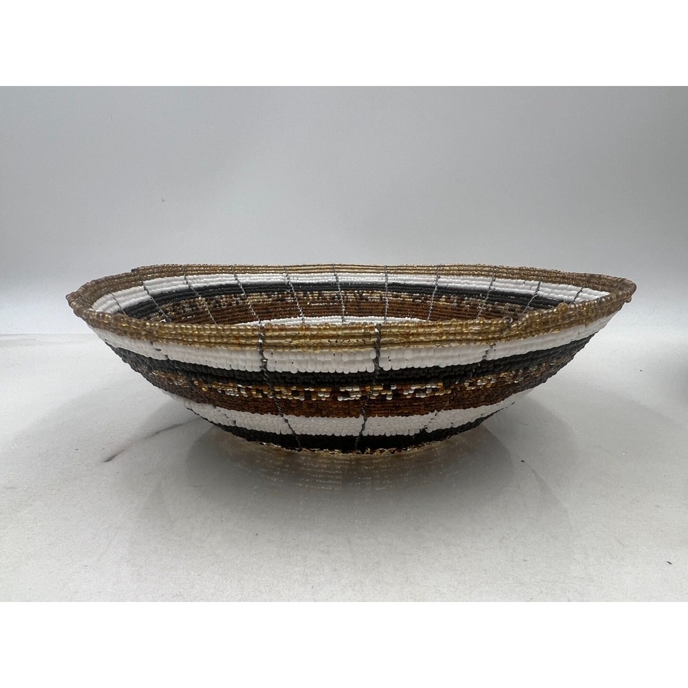 Seed Bead Bowl Basket Wire Framed Design Basket 11.5" Boho Set of 2 Brown